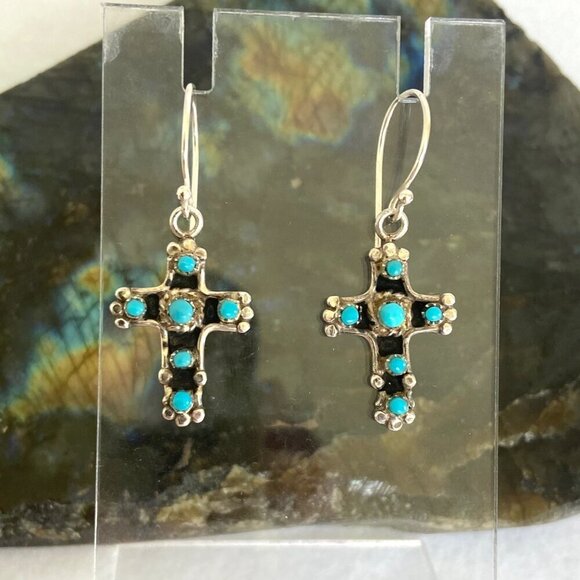 VTG Sterling Silver 925 RW Ronnie Willie Turquoise Petit Point Cross Earrings - Picture 4 of 16